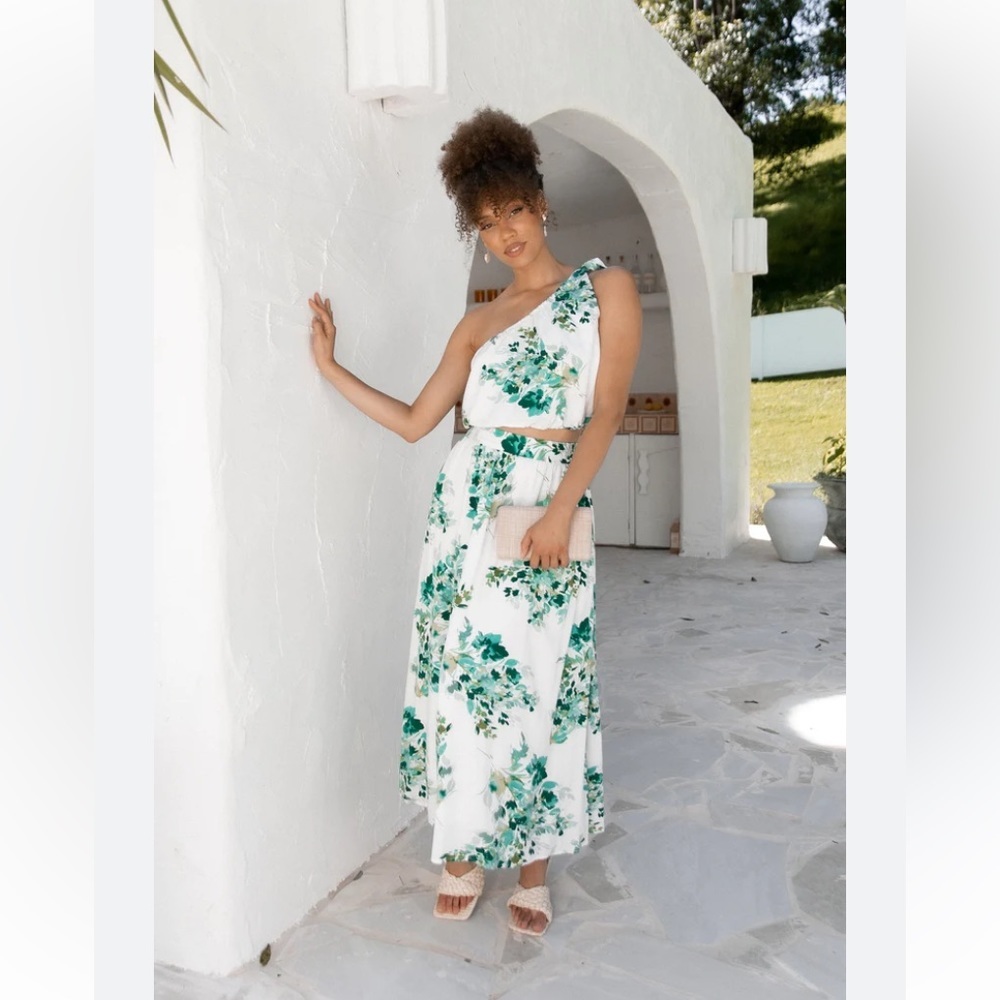 Petal & Pup - 2 piece set one shoulder floral maxi dress Large Top / XL Skirt